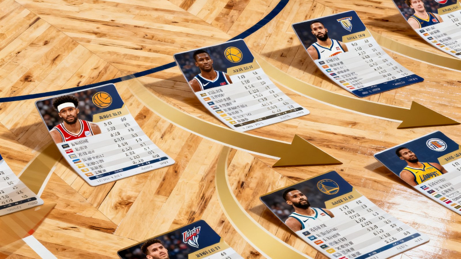 NBA赛季中期盘点文章封面，以篮球场木质地板为背景，叠加了各队球星的数据统计卡片和排名走势箭头，配色采用深蓝与金色对比。