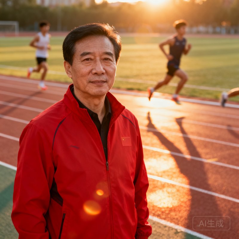 某985高校体育部主任李明的户外肖像，他穿着红色运动夹克，站在大学田径场跑道旁，身后是学生运动员训练的身影，阳光温暖。